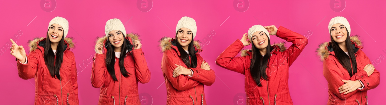 Image of Collage with photos of young woman wearing warm clothes on pink background, banner design. Winter vacation