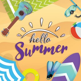 Illustration of Hello summer.  beach accessories and water sports equipment on sand, top view