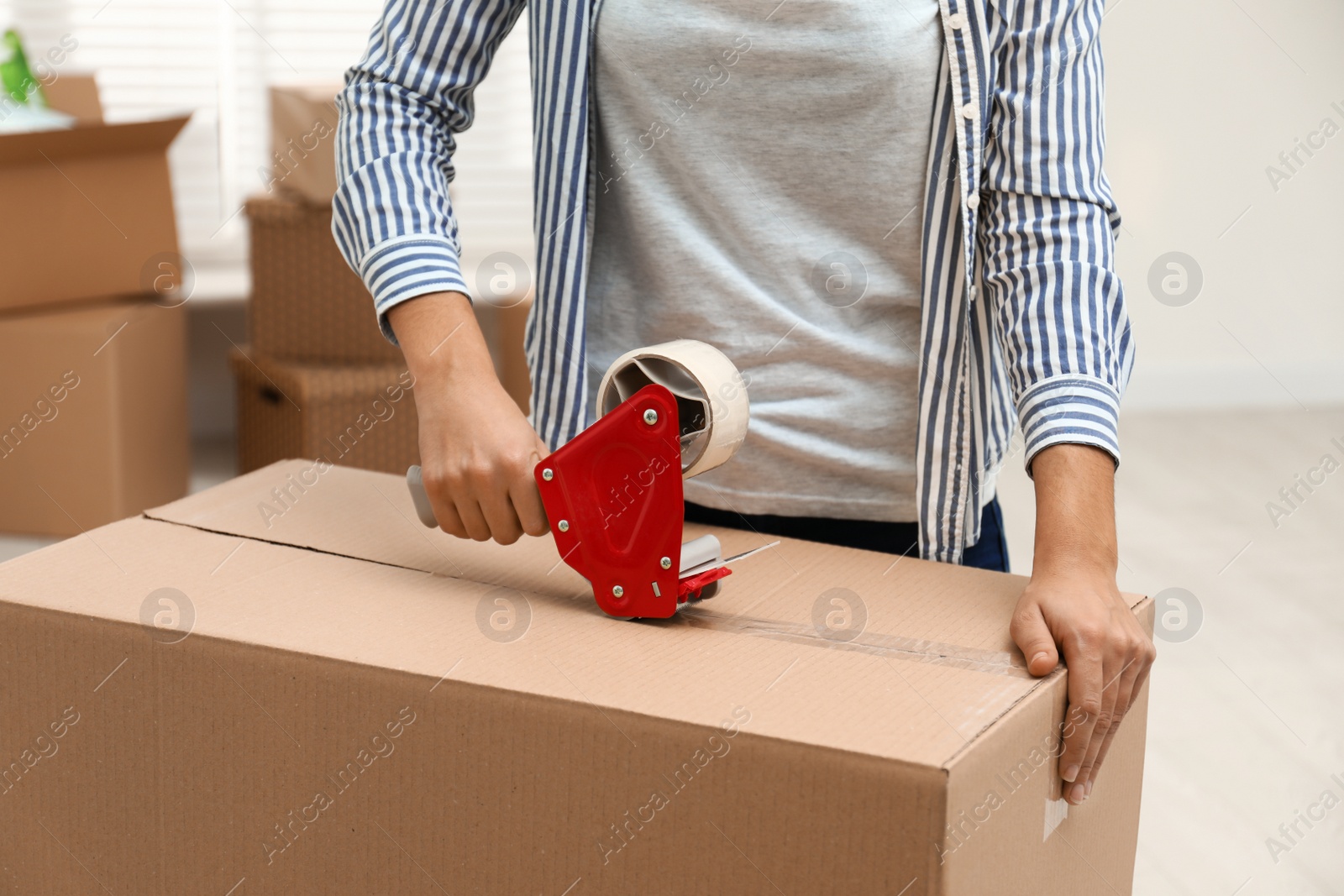 Photo of Woman packing cardboard box indoors, closeup. Moving day