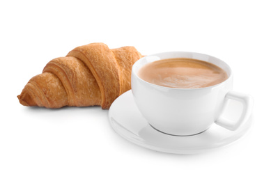 Photo of Fresh croissant and coffee on white background