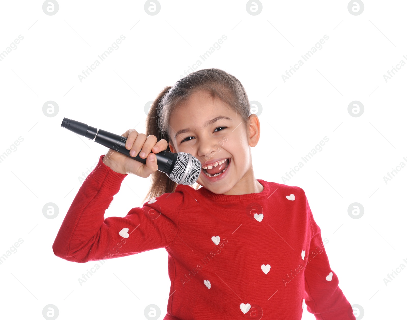 Photo of Cute funny girl with microphone on white background