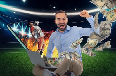 Image of Win on sports betting. Happy man with laptop and flying dollars against stadium. Online bookmaker service