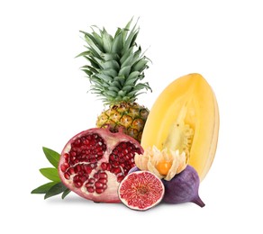 Image of Many different fresh fruits on white background