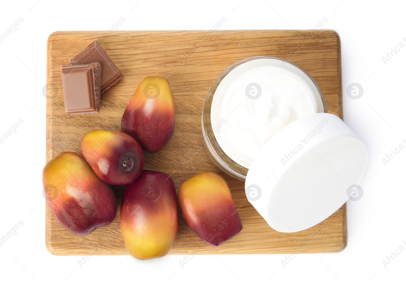 Image of Fresh ripe palm oil fruits, chocolate and cosmetic product on white background, top view