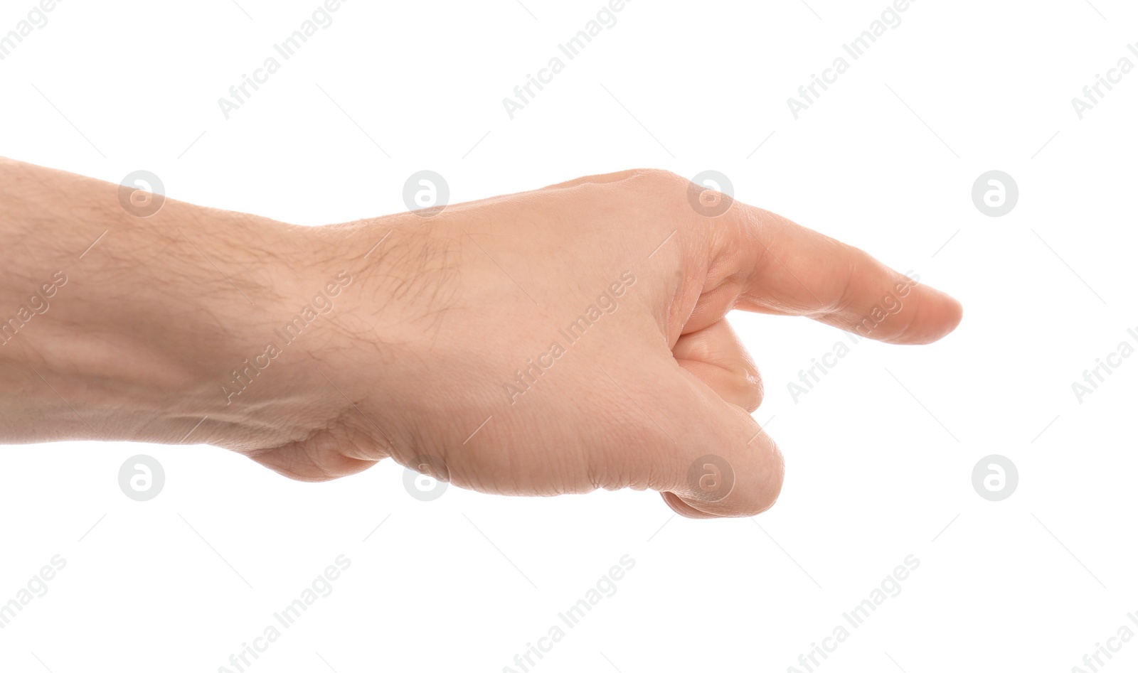 Photo of Man pointing with index finger on white background, closeup