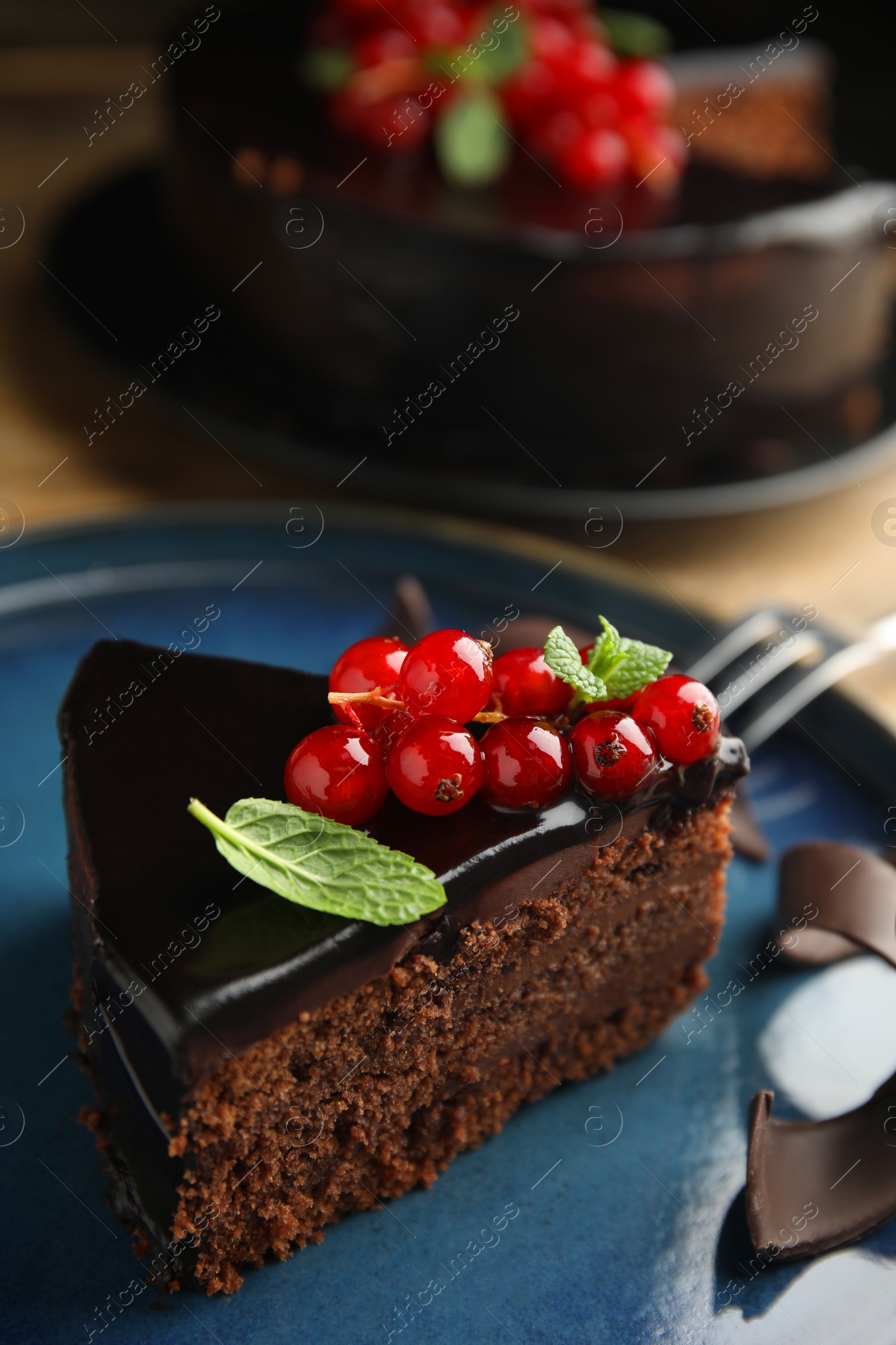 Photo of Piece of tasty homemade chocolate cake with berries and mint on plate, closeup