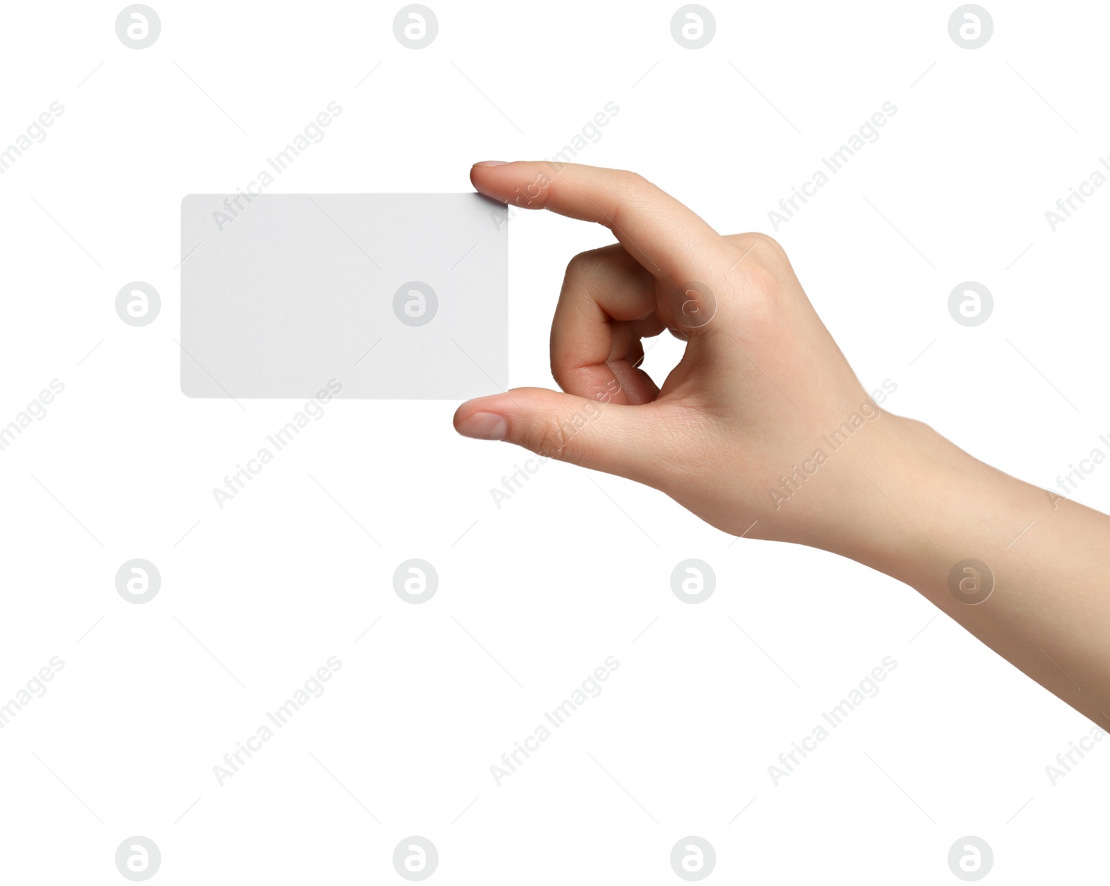 Photo of Woman holding blank gift card on white background, closeup