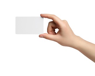 Photo of Woman holding blank gift card on white background, closeup