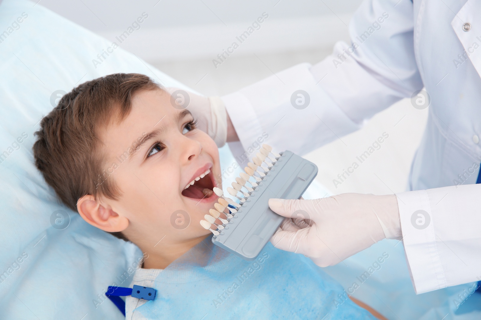 Photo of Dentist selecting cute boy's teeth color with palette in clinic