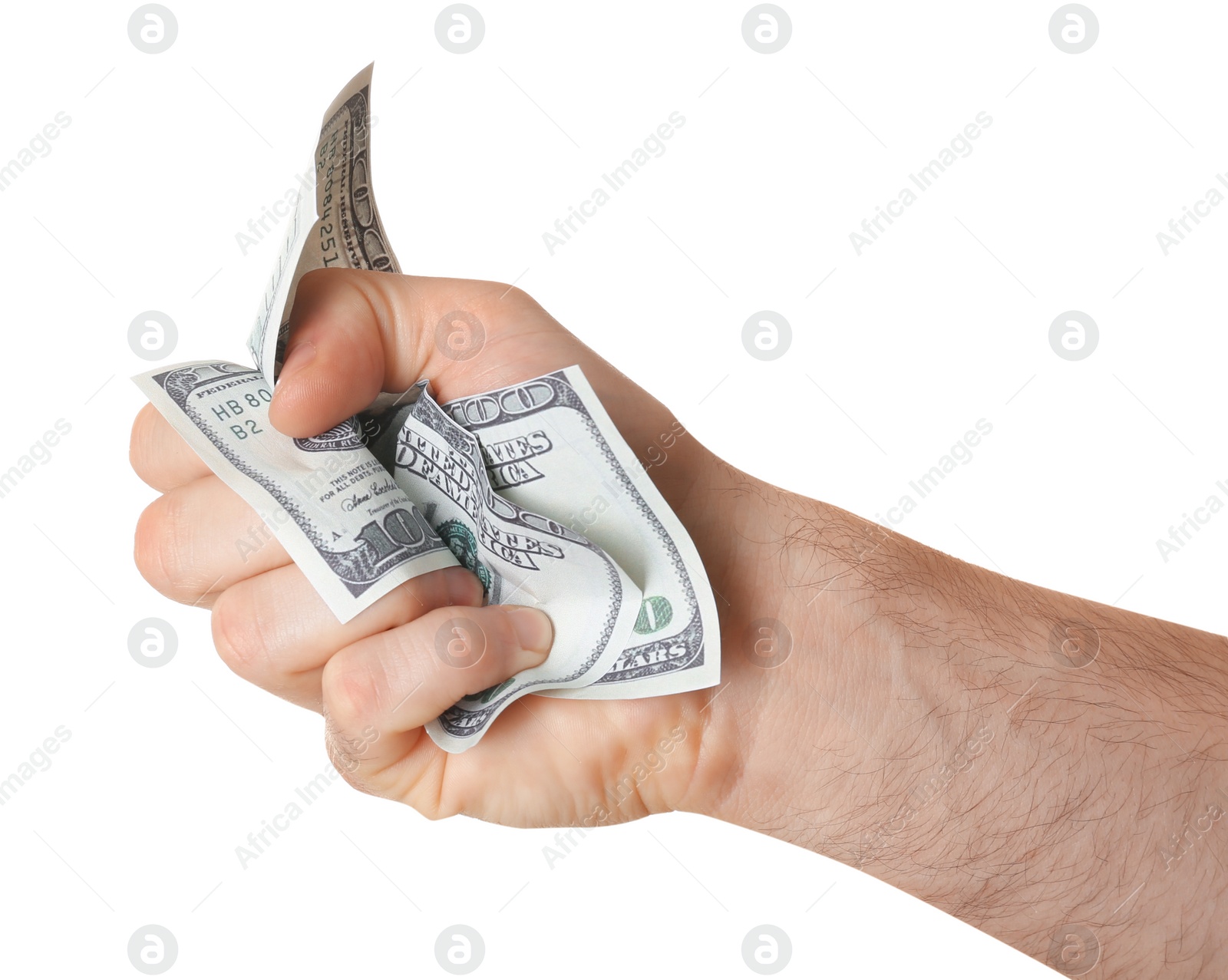 Photo of Man crumpling dollar bill on white background, closeup
