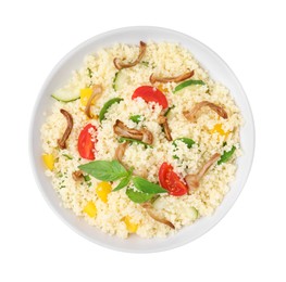 Photo of Bowl of delicious couscous with vegetables and basil isolated on white, top view