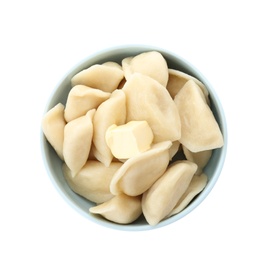 Delicious cooked dumplings in bowl on white background, top view