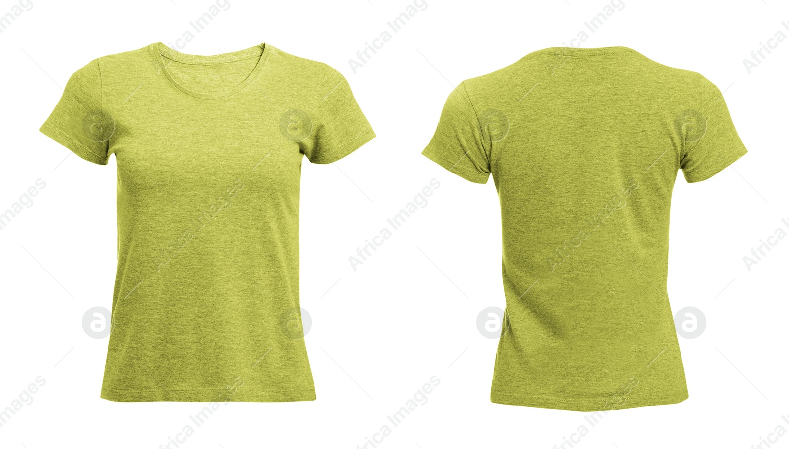 Image of Front and back views of light yellow women's t-shirt on white background. Mockup for design