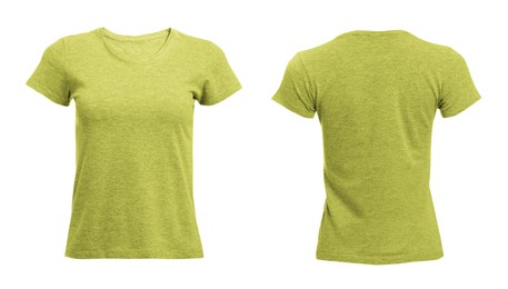 Image of Front and back views of light yellow women's t-shirt on white background. Mockup for design