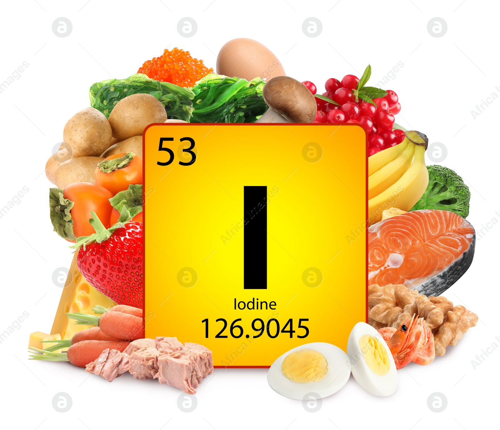 Different products rich in Iodine on white background Image of Different products rich in Iodine on white background