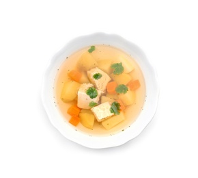 Photo of Dish with fresh homemade chicken soup on white background, top view