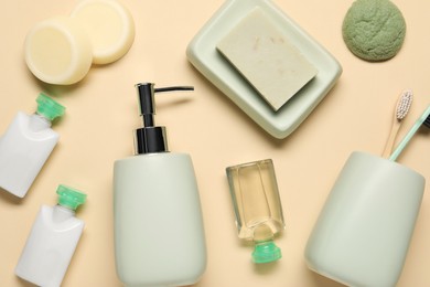 Photo of Bath accessories. Flat lay composition with personal care products on beige background