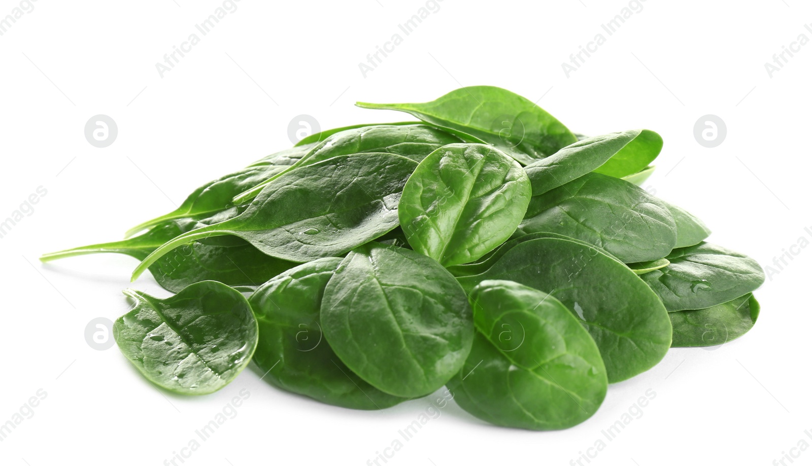 Photo of Pile of fresh green healthy baby spinach leaves on white background