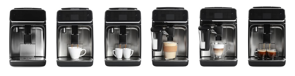 Set with modern electric coffee machines on white background. Banner design