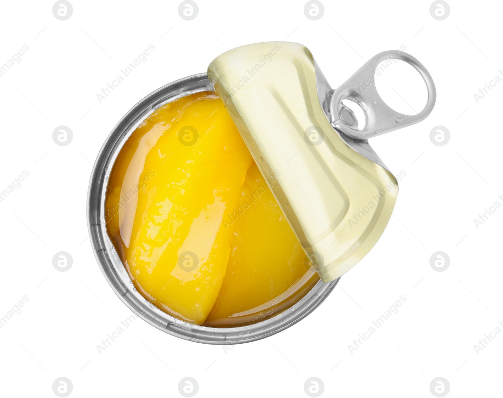 Photo of Open tin can of mangoes isolated on white, top view