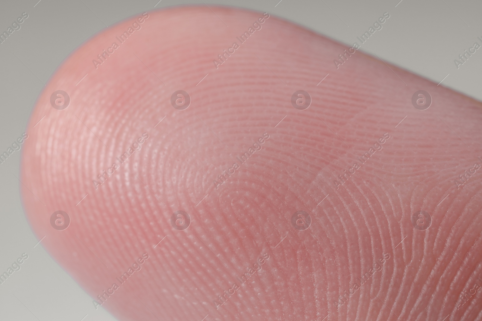 Photo of Finger with friction ridges on light blue background, macro view