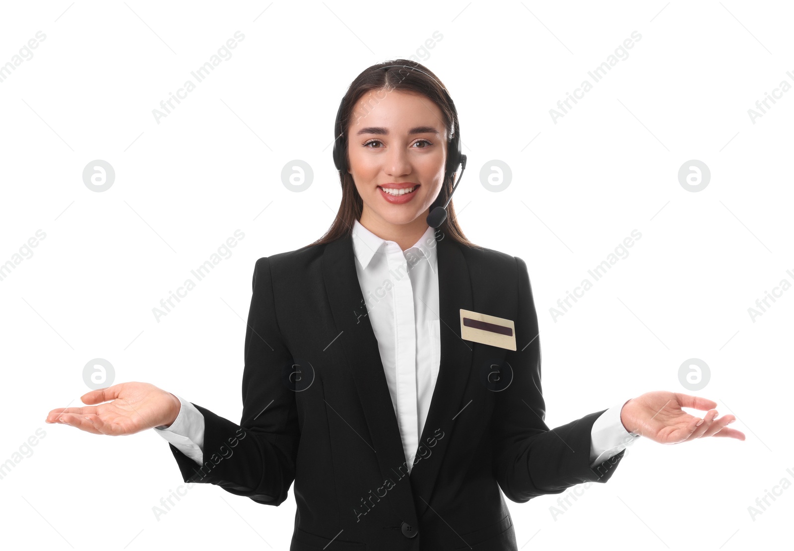 Photo of Portrait of receptionist with headset on white background