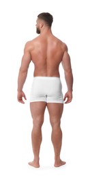 Photo of Young man is stylish underwear on white background, back view