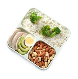 Container with natural healthy lunch on white background, top view. High protein food