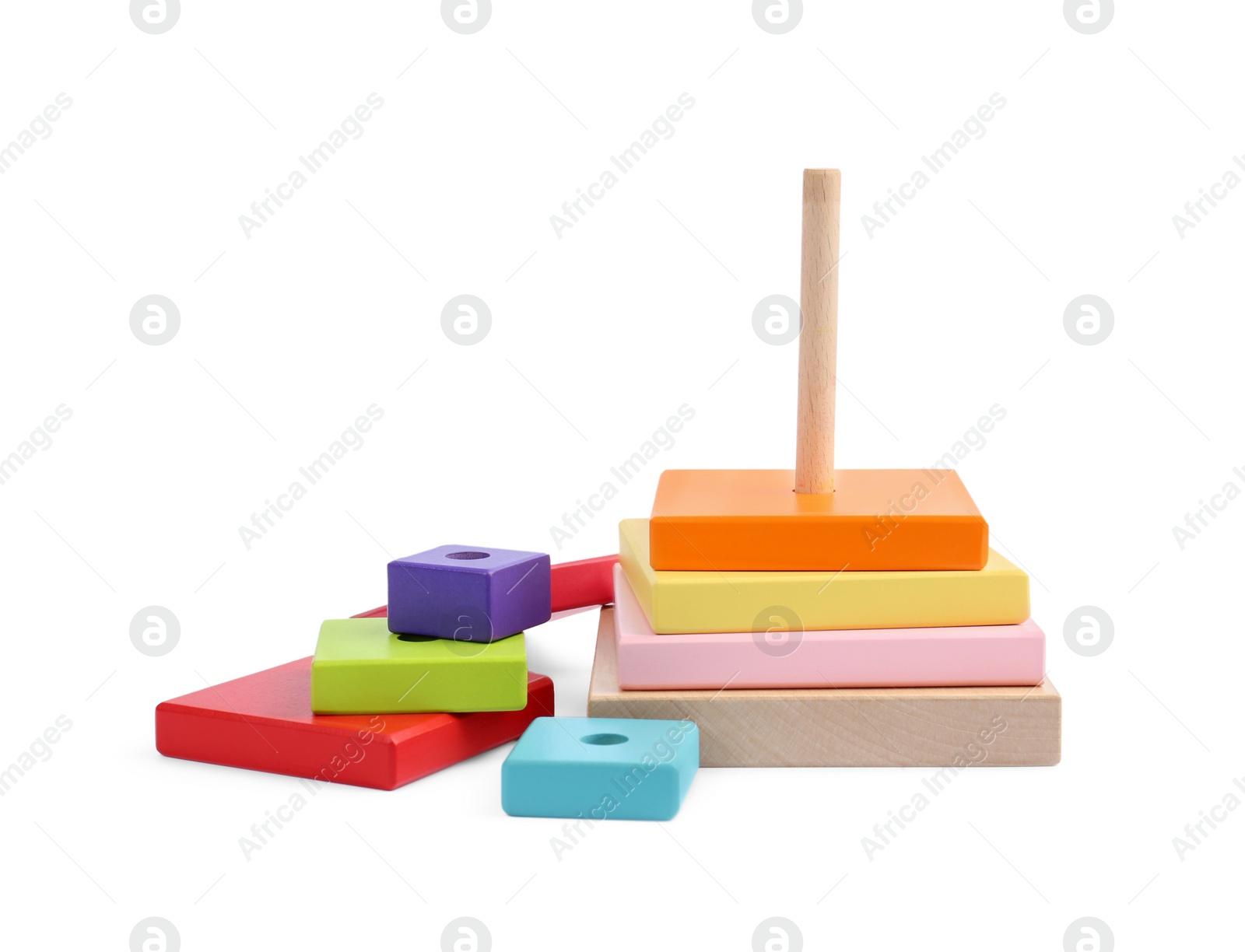 Photo of Colorful wooden pyramid isolated on white. Children's toy