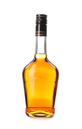 Bottle of alcoholic drink on white background