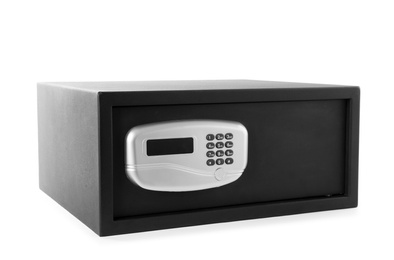 Photo of Black steel safe with electronic lock isolated on white
