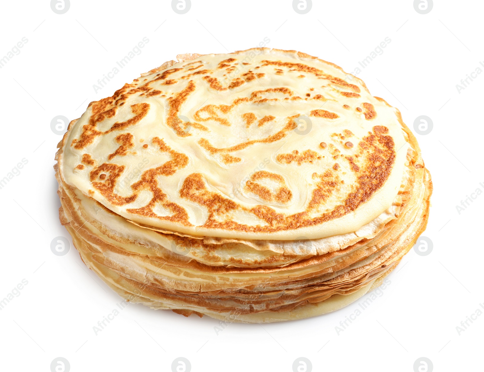 Photo of Stack of thin pancake on white background