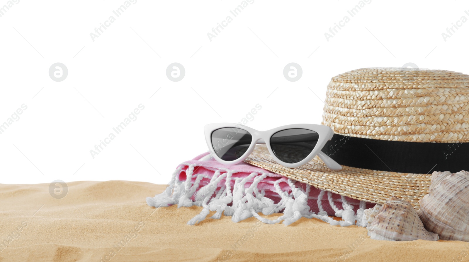 Photo of Composition with beach objects on sand against white background. Space for text