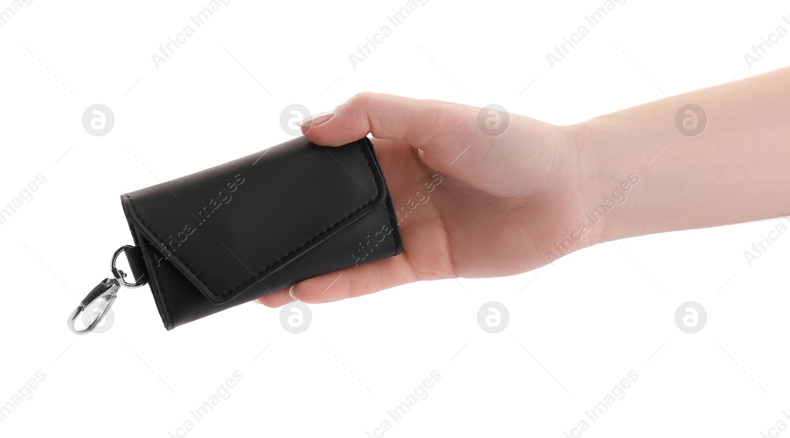 Photo of Woman holding stylish leather keys holder on white background, closeup