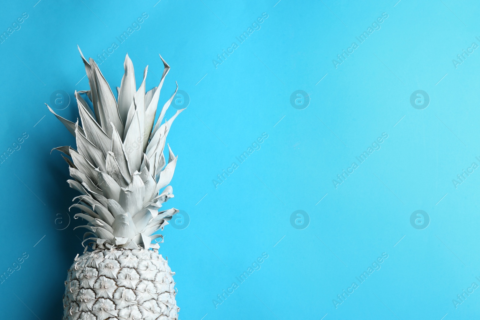 Photo of White pineapple on light blue background, top view with space for text. Creative concept