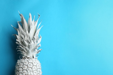 White pineapple on light blue background, top view with space for text. Creative concept