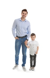 Photo of Portrait of dad and his son isolated on white