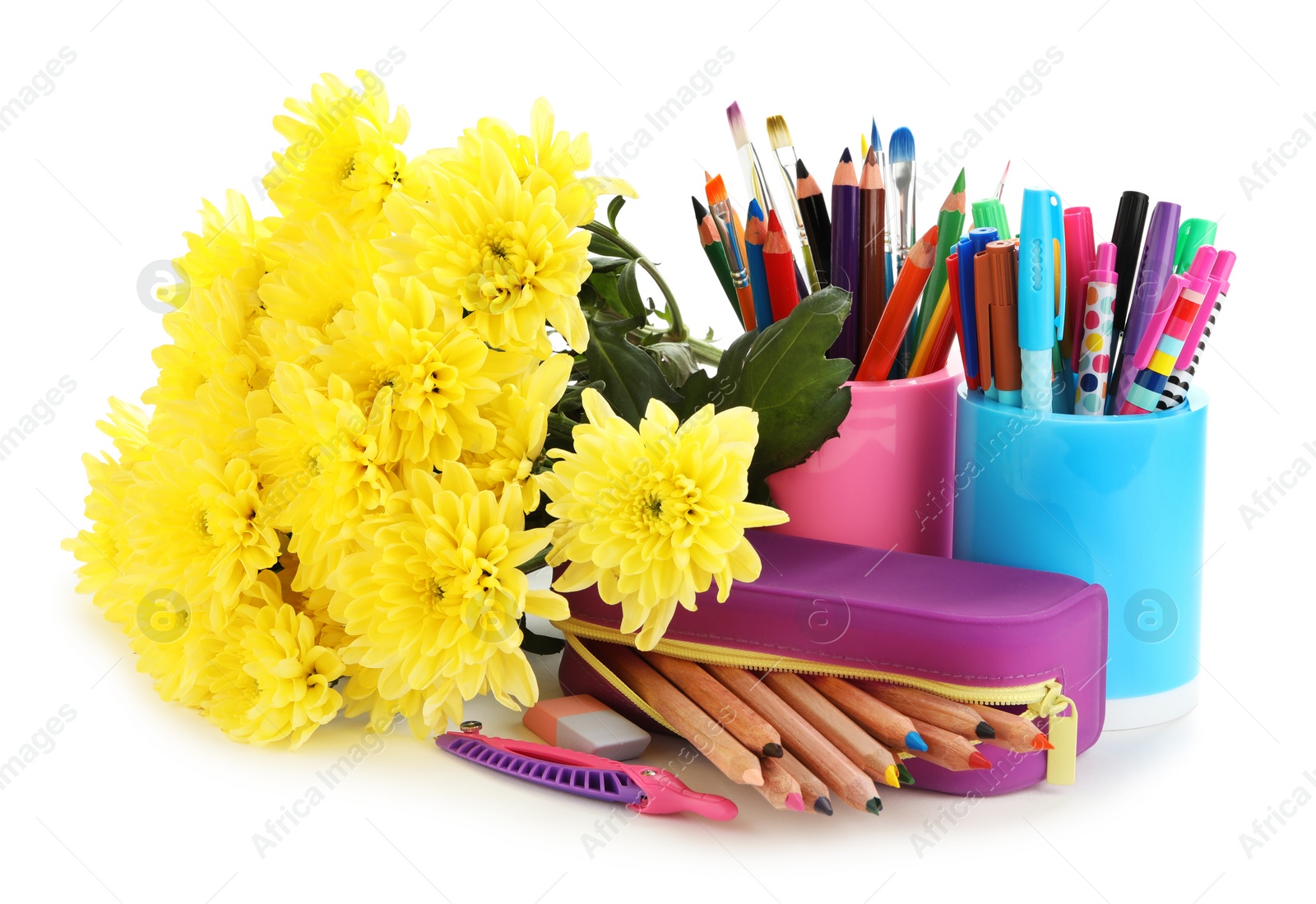 Photo of Beautiful flowers and stationery on white background. Teacher's Day