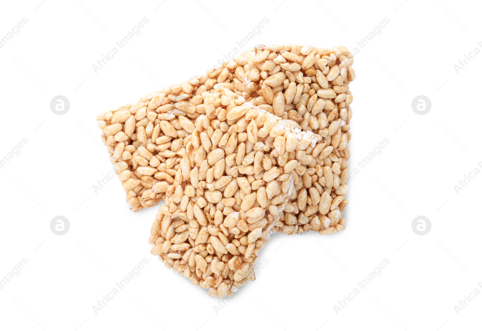 Photo of Delicious rice crispy treats isolated on white, top view