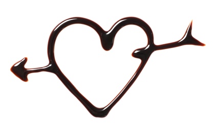 Photo of Heart and arrow drawn with dark chocolate on white background, top view