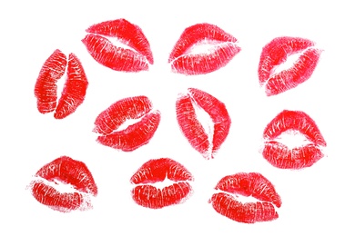 Photo of Lipstick kisses, isolated on white