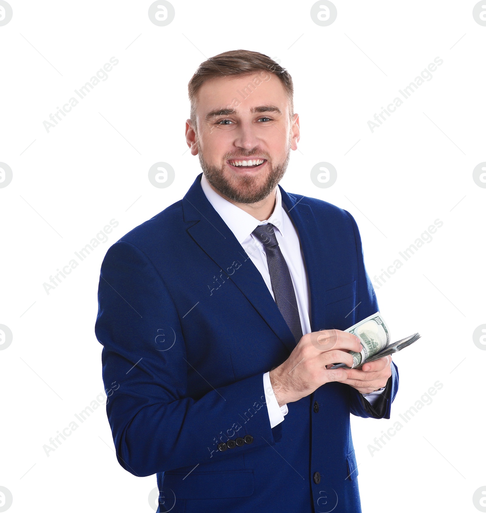 Photo of Portrait of young businessman holding money banknotes on white background