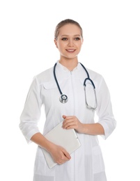 Photo of Portrait of medical doctor with tablet and stethoscope isolated on white