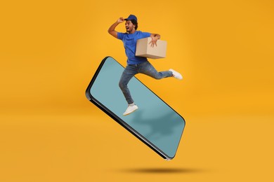 Courier with parcel jumping out from huge smartphone on orange background. Delivery service