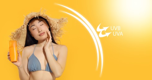 Sun protection product as barrier against UVA and UVB, banner design. Beautiful young woman applying sunscreen onto face against orange background