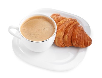 Photo of Fresh croissant and coffee isolated on white. Tasty breakfast