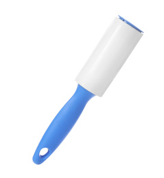 Photo of New lint roller with blue handle isolated on white