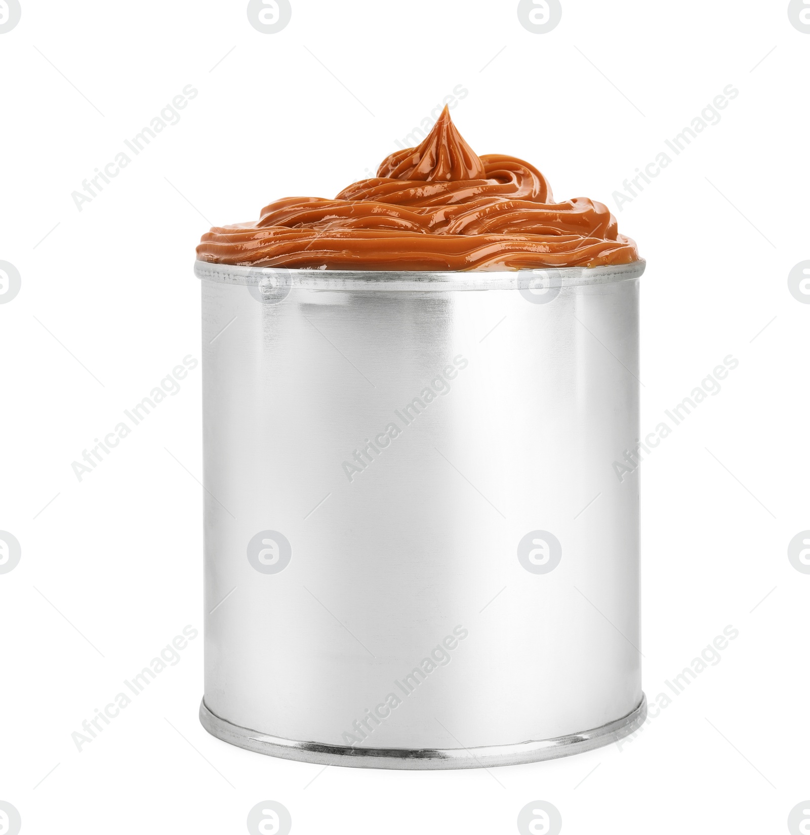 Photo of Tin can with tasty boiled condensed milk isolated on white