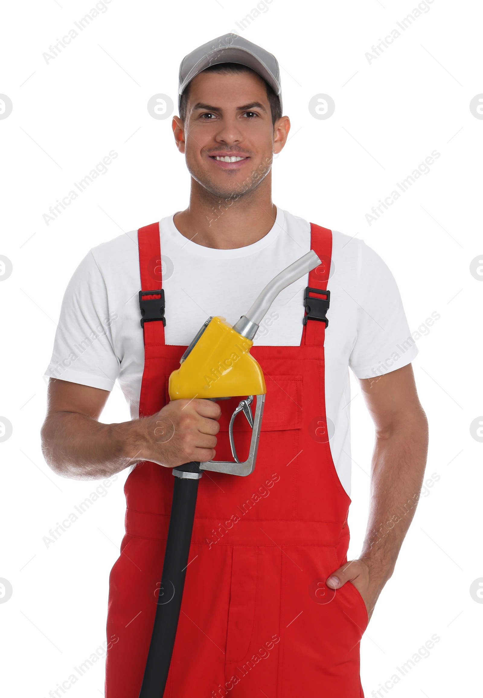 Photo of Gas station worker with fuel nozzle on white background