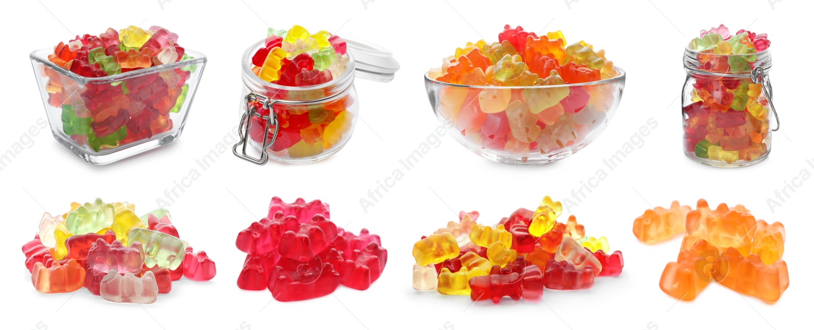 Image of Set with delicious jelly bears on white background. Banner design